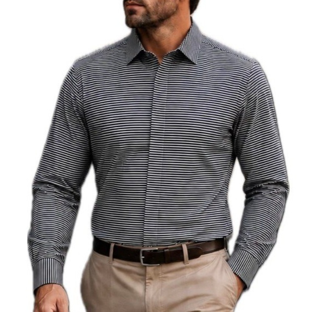 Fit-Wel Cutsom Designed Navy/Tan Striped Button Down Dress Shirt. Men's 18-XL